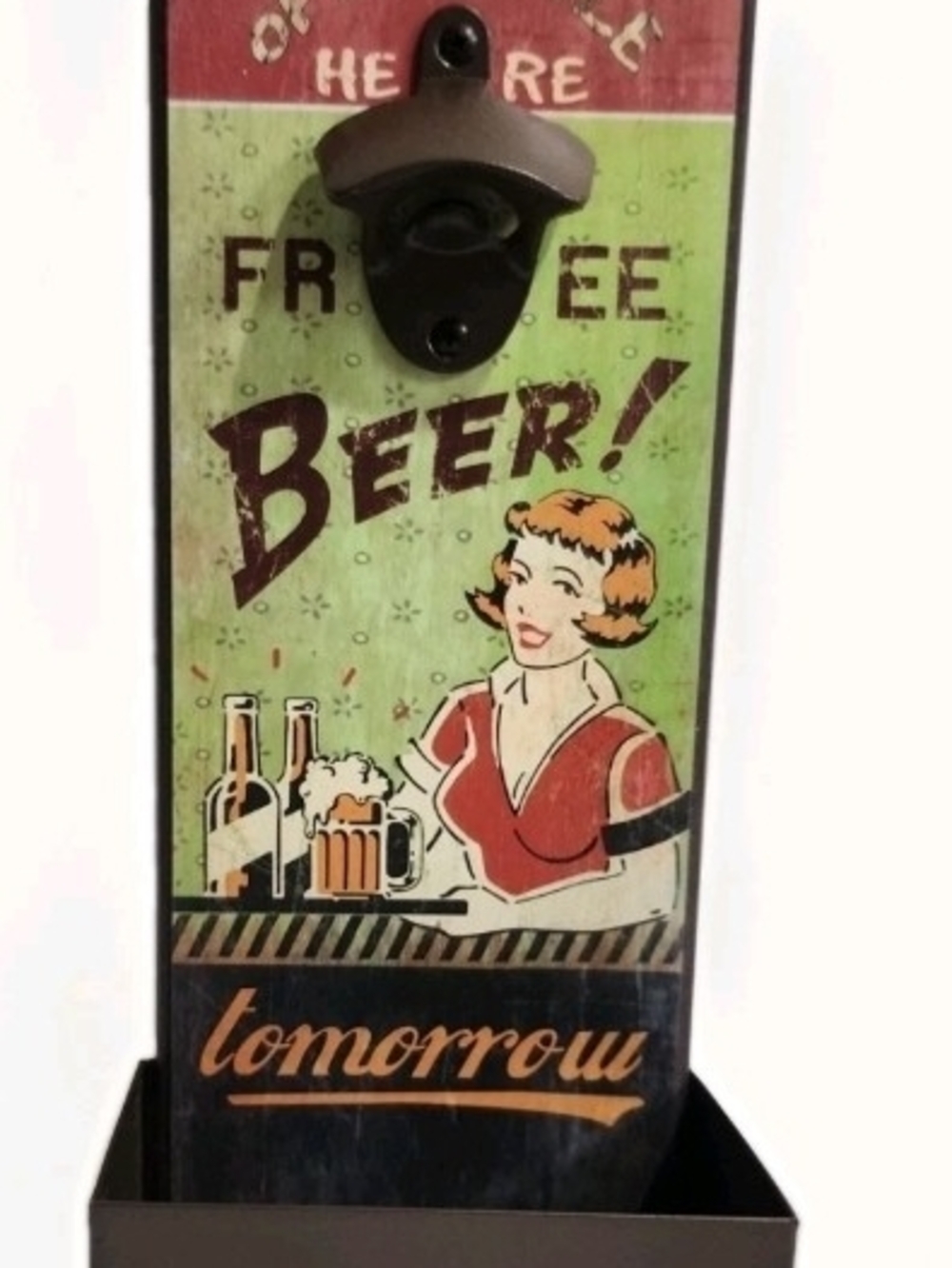 Retro 'Free Beer Tomorrow' Wall Bottle Opener in Green and Red
